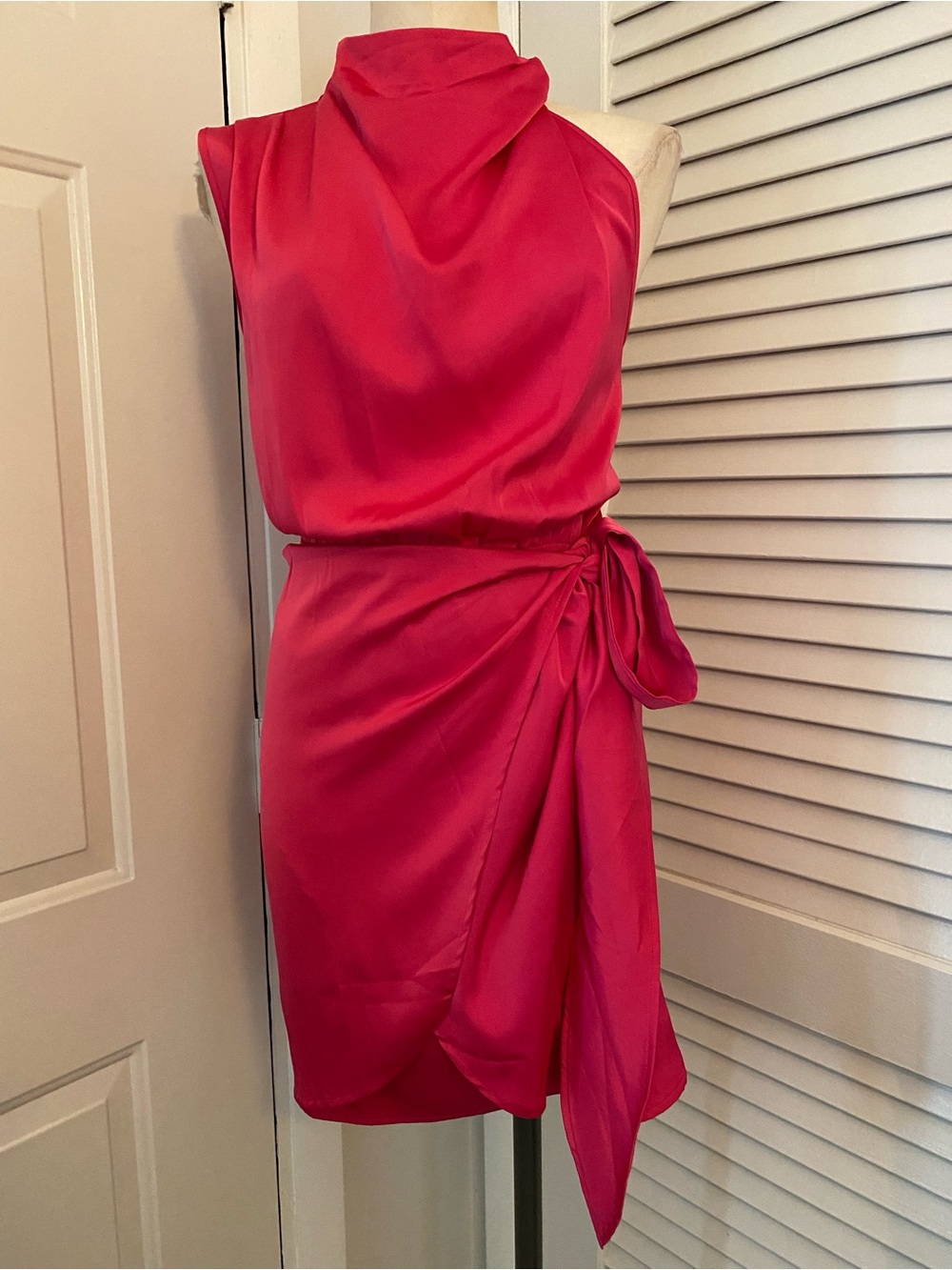 Pretty Garden Draped Cowl-Neck Mini Dress in Fuchsia with Side Tie- Size Large